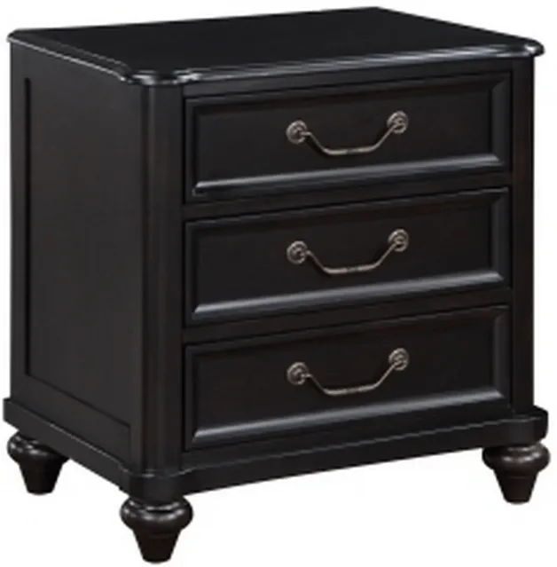 Vix 27 Inch Nightstand, 3 Drawers, Molded Design Pewter Drop Handles, Black - Benzara