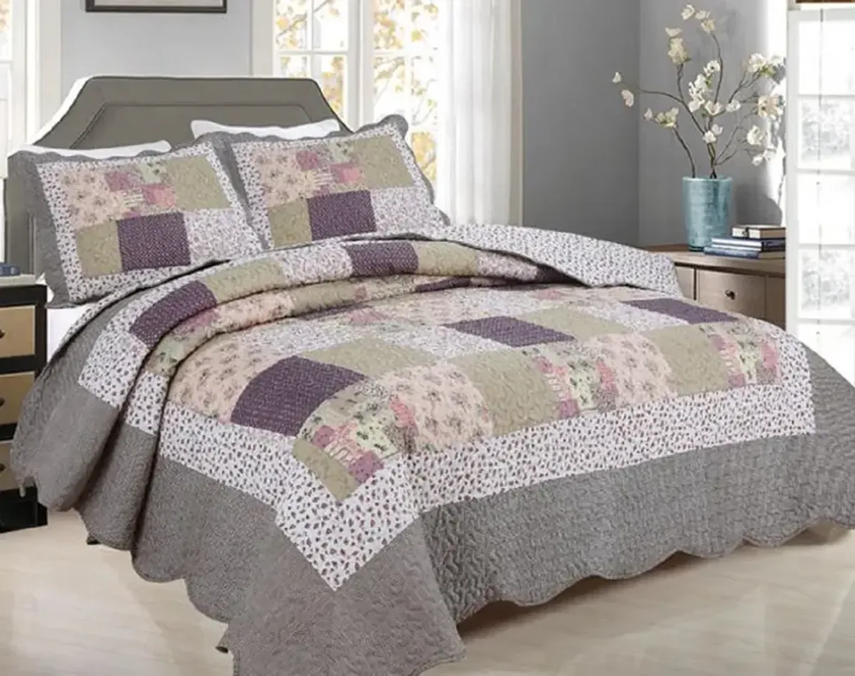 3-Piece Pink & Green Cotton Blend Reversible Quilt Set