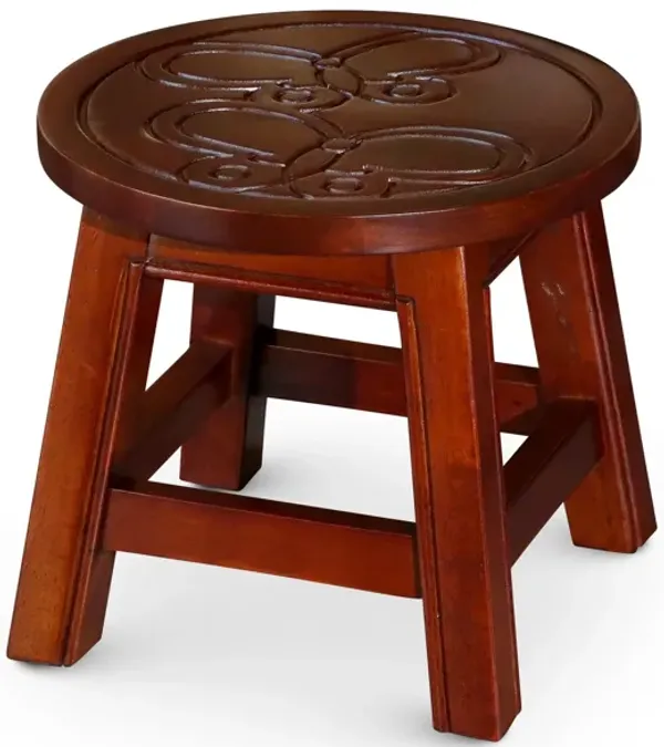Sidi 11 Inch Step Stool Footrest, Wood Butterfly Print, Round, Cherry - Benzara
