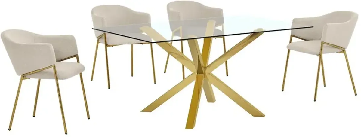 Best Quality Furniture 5Pc Rectangle Tempered Glass Dining Table With 4 Beige Side Chairs