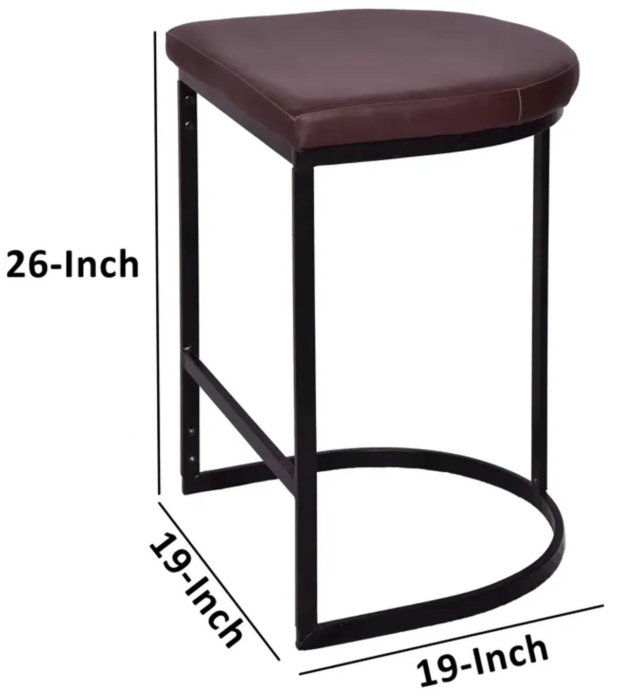 26 Inch Counter Height Stool with Vegan Faux Leather Upholstery, Black Iron Frame, Dark Brown-Benzara