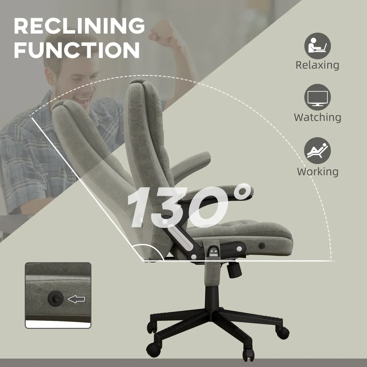 Vibrating Massage Office Chair: Heated, Linen, Reclining, Gray