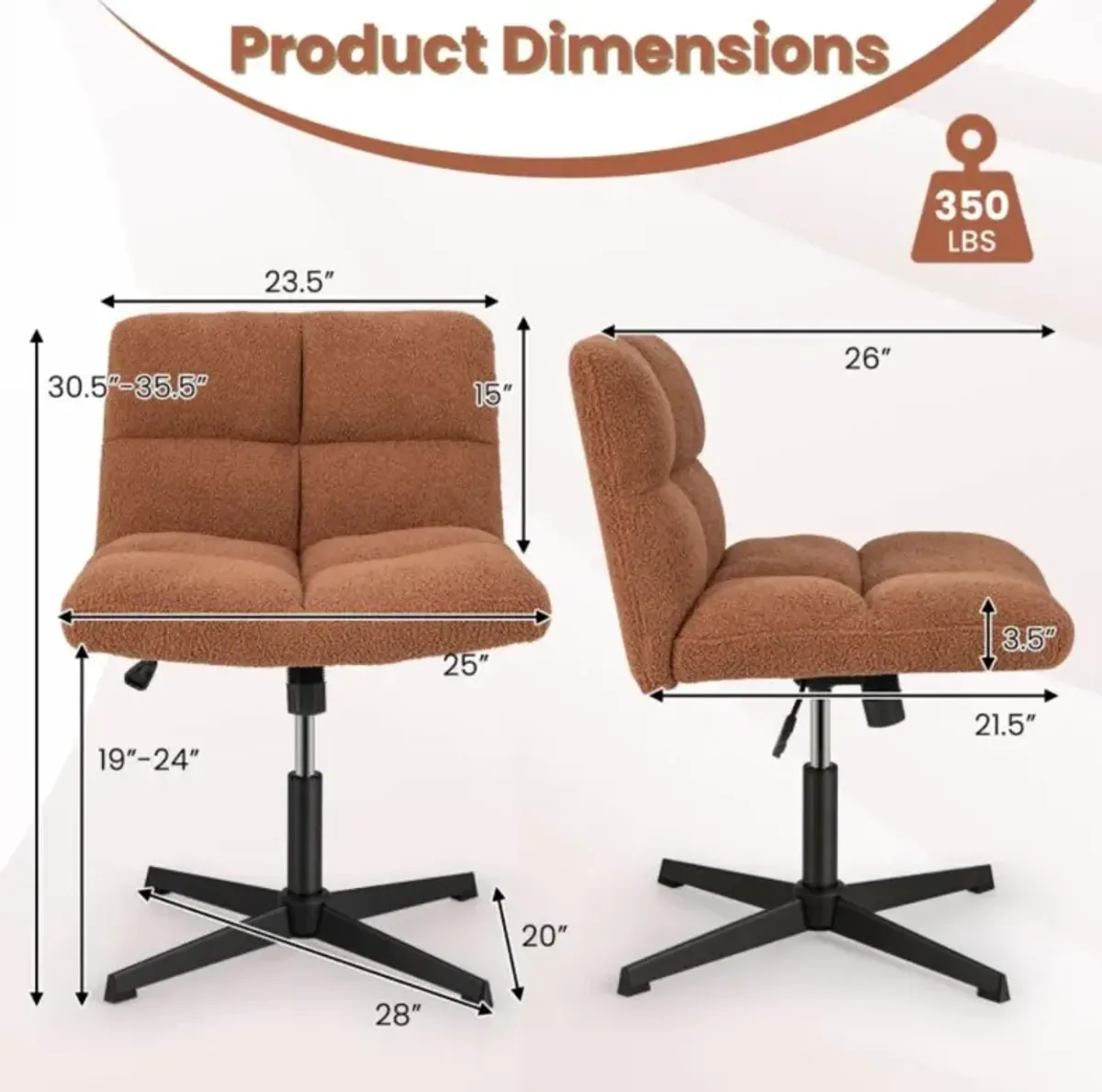 Hivvago Office Armless Chair Cross Legged with Imitation Lamb Fleece and Adjustable Height