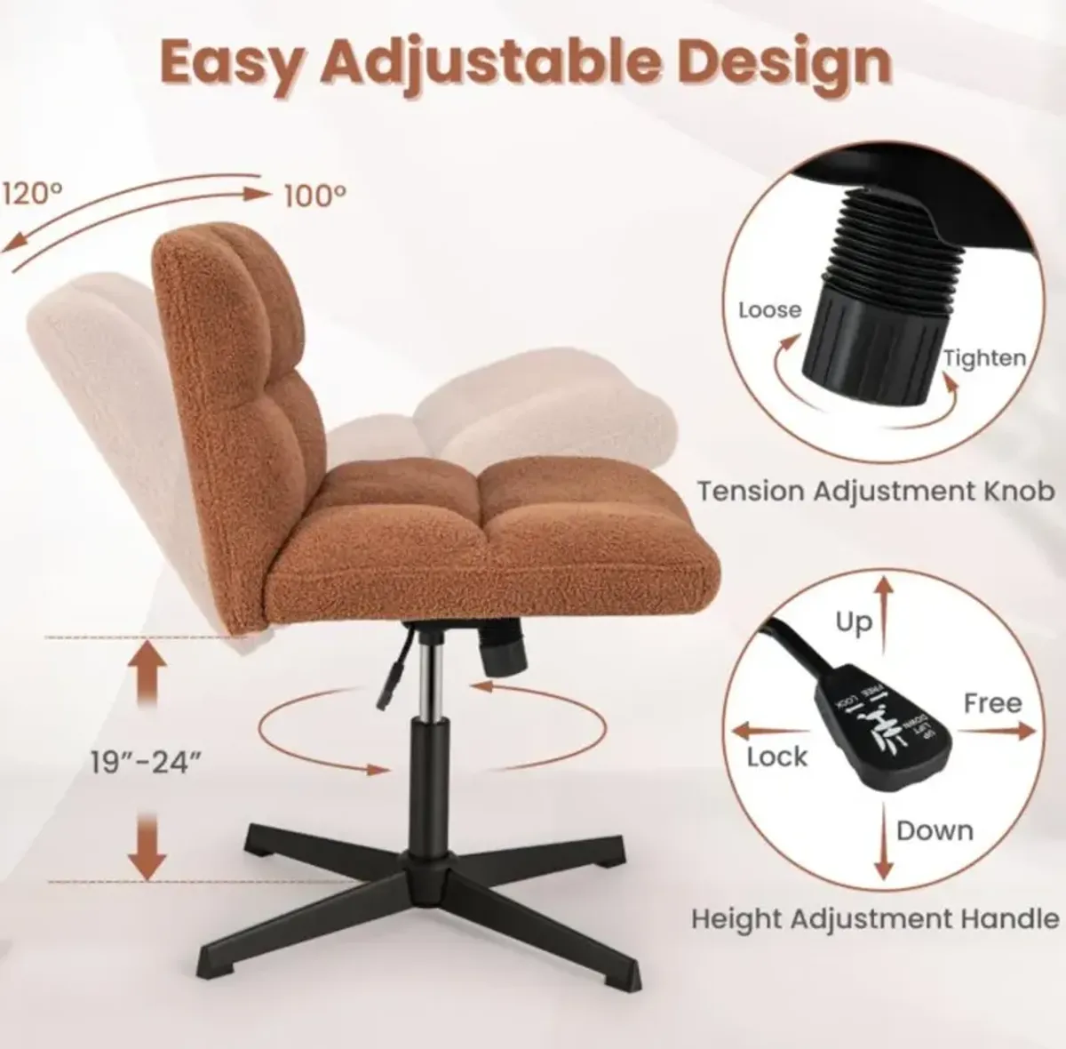 Hivvago Office Armless Chair Cross Legged with Imitation Lamb Fleece and Adjustable Height