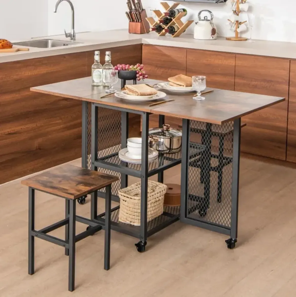 Drop Leaf Expandable Dining Table Set with Lockable Wheels