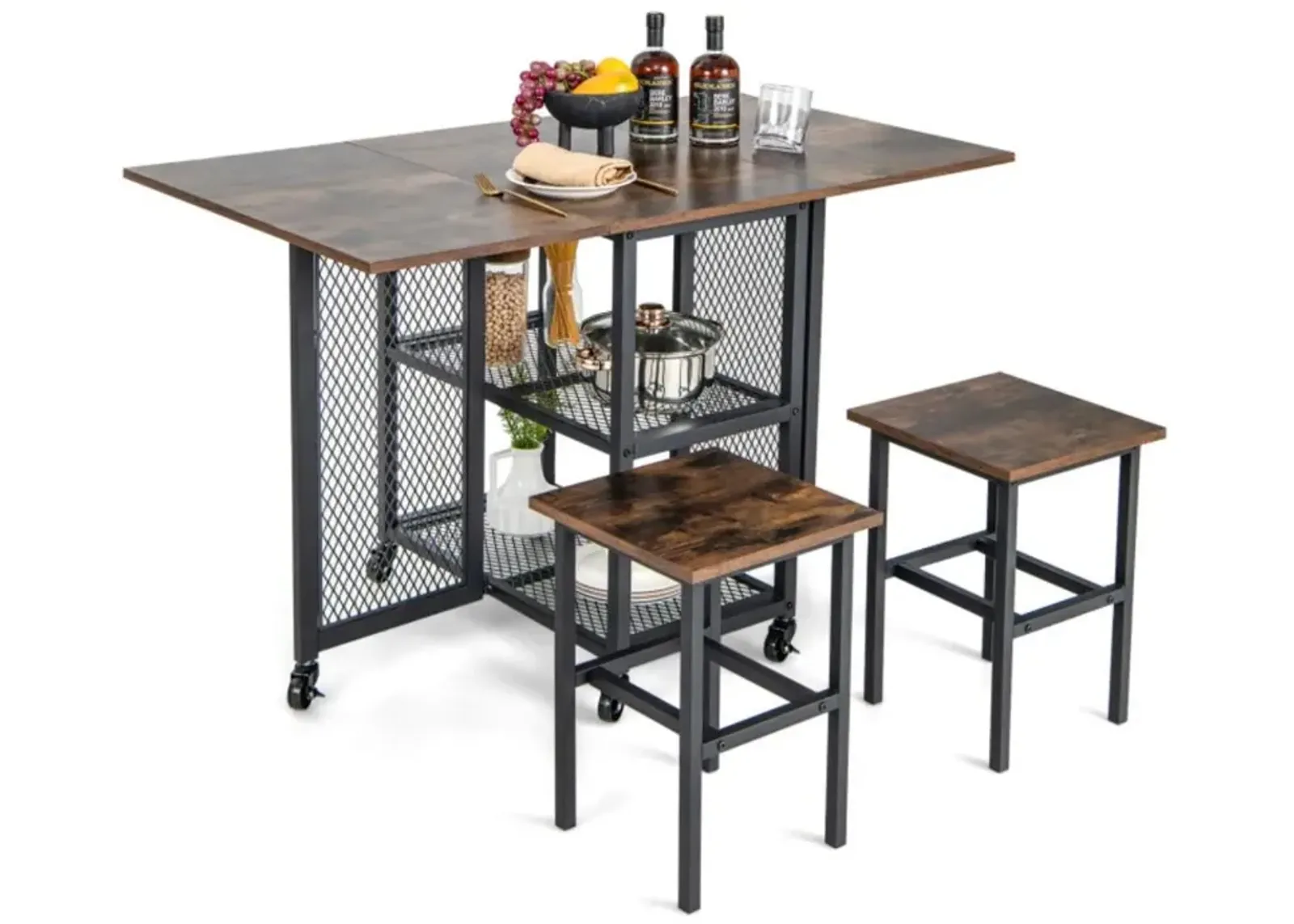 Drop Leaf Expandable Dining Table Set with Lockable Wheels