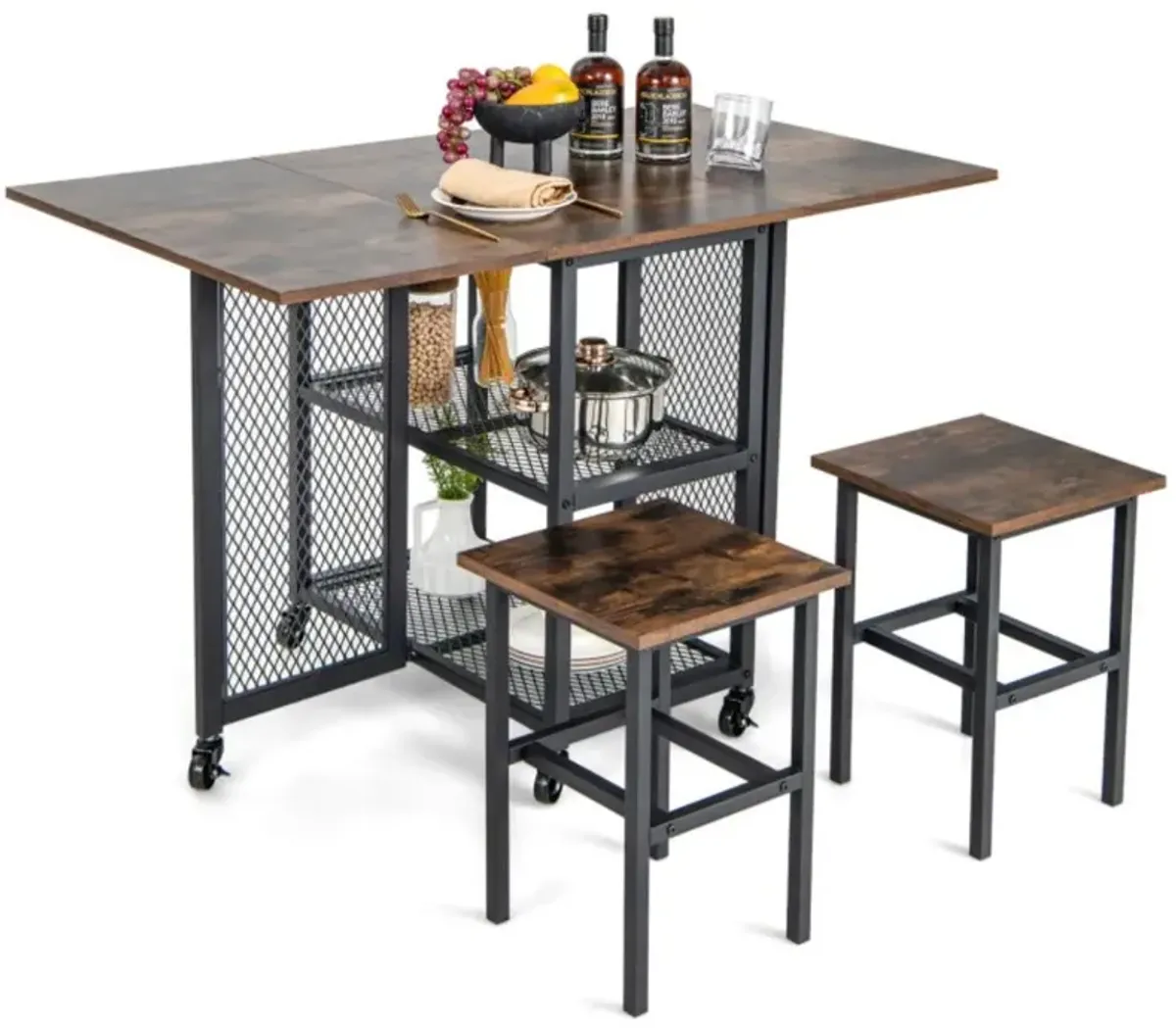 Drop Leaf Expandable Dining Table Set with Lockable Wheels