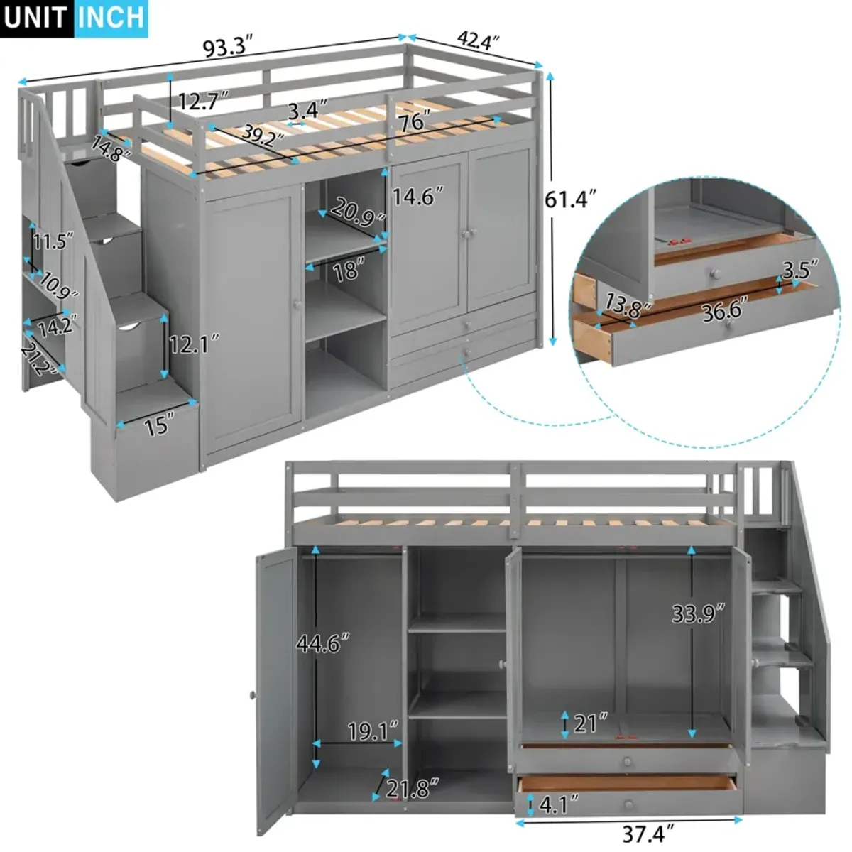 Merax Functional Loft Bed with Wardrobe