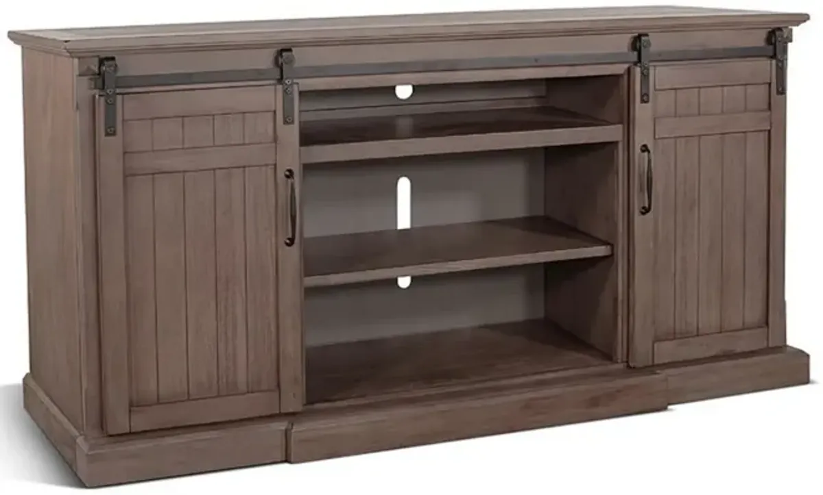 Yael TV Media Console w Fireplace Option, Barn Doors, 78 Inch Brown - Benzara