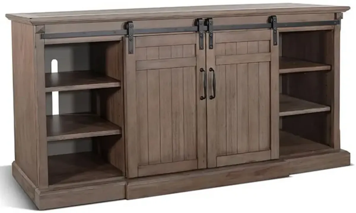 Yael TV Media Console w Fireplace Option, Barn Doors, 78 Inch Brown - Benzara