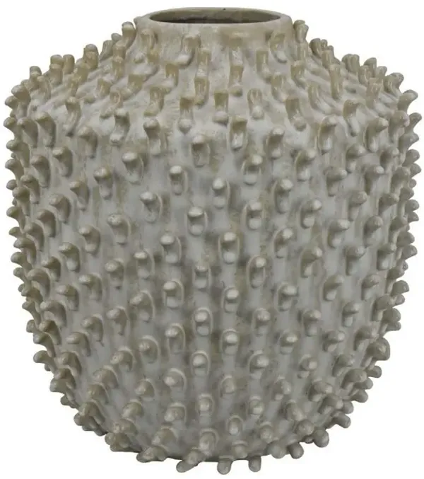 Akira Round Accent Vase with Studded Details, White Ceramic 12 Inch - Benzara