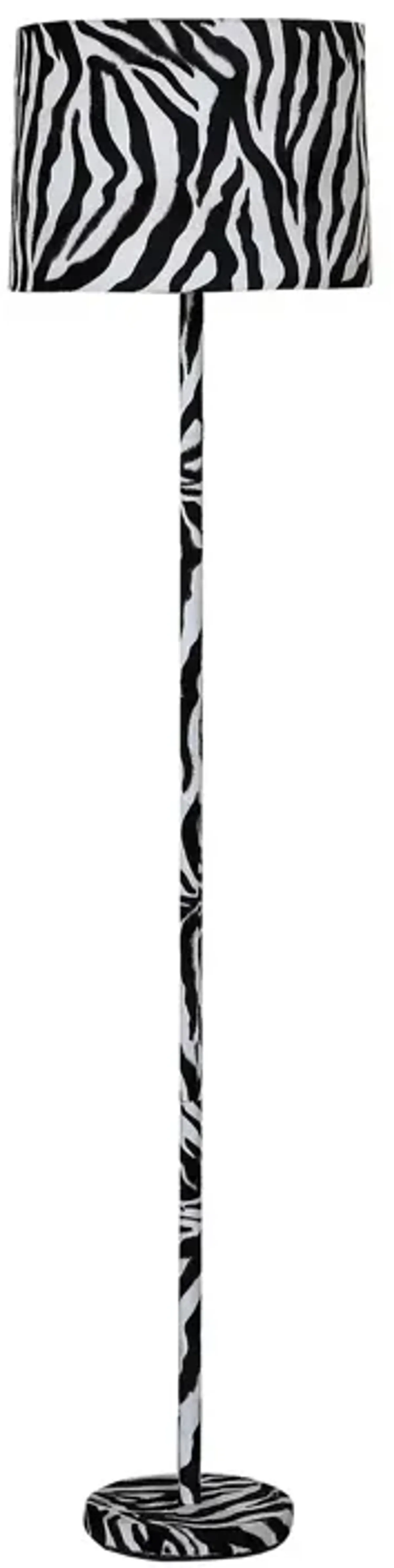 Fabric Wrapped Floor Lamp with Animal Print, White and Black-Benzara