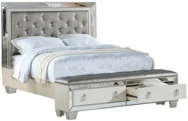 Reva California King Bed, Storage Bench, Upholstered Silver Faux Leather - Benzara