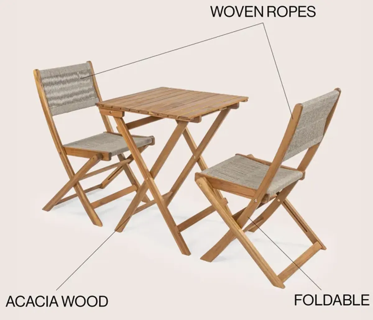 Javea Modern Coastal 3-Piece Acacia Wood Outdoor Folding Bistro Set