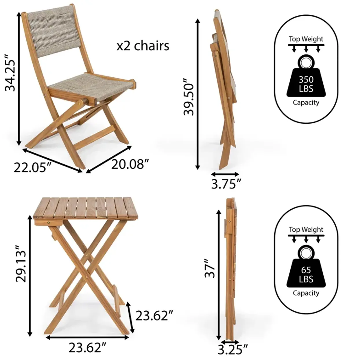 Javea Modern Coastal 3-Piece Acacia Wood Outdoor Folding Bistro Set