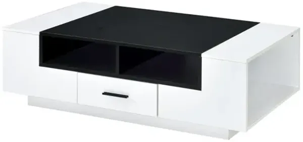 Contemporary Coffee Table with Drawer and Open Compartment, Black and White-Benzara