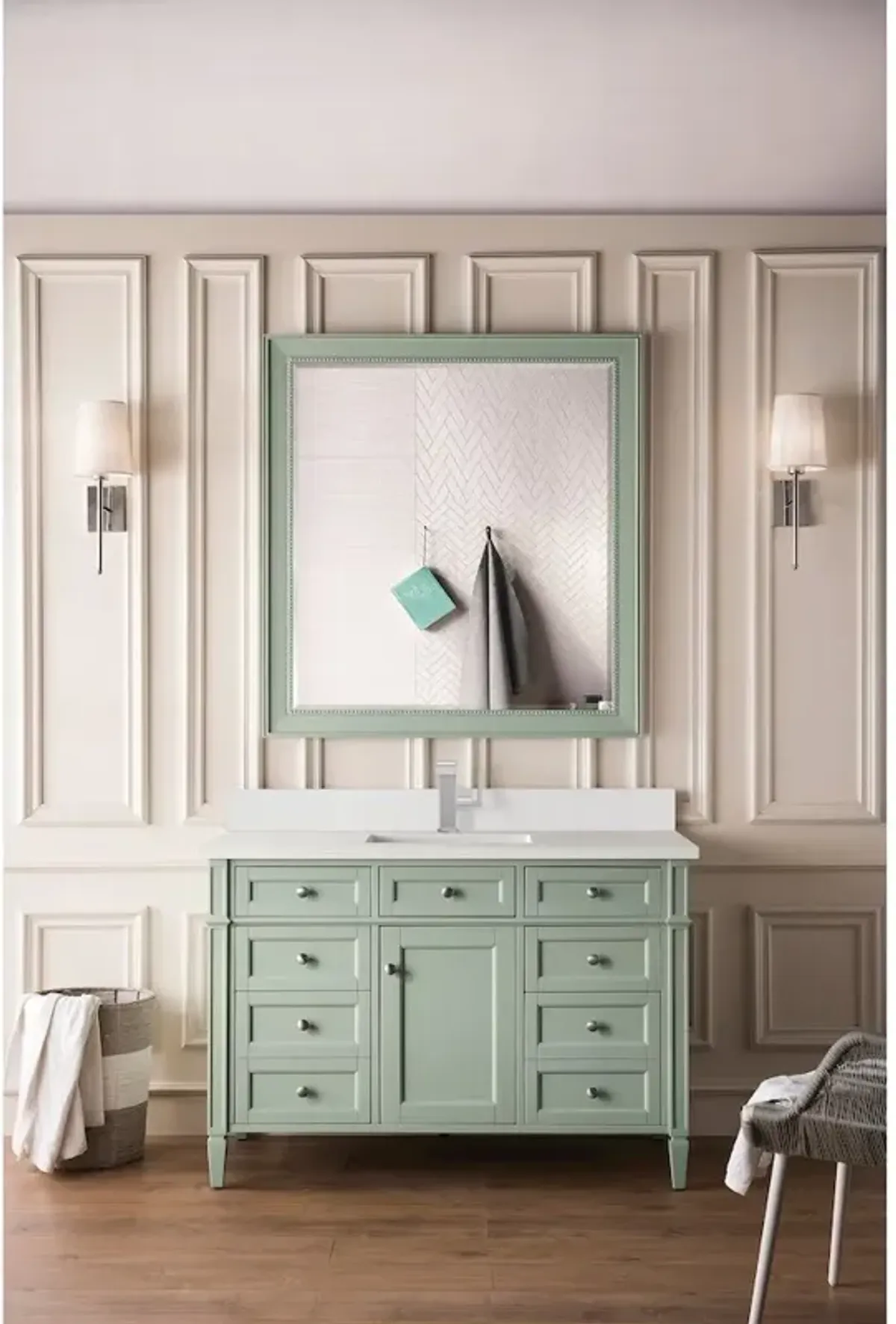 James Martin Vanities 48 Single Vanity, Sage Green w/ Single Hole 3 CM White Zeus Quartz Top