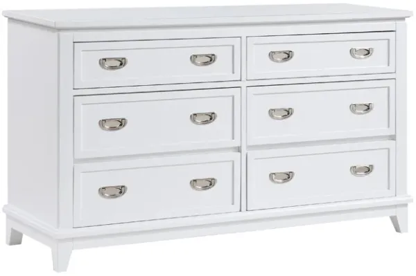 Sely Dresser, 55 Inch, 6 Drawers, White Wood, Nickel Ring Handles - Benzara