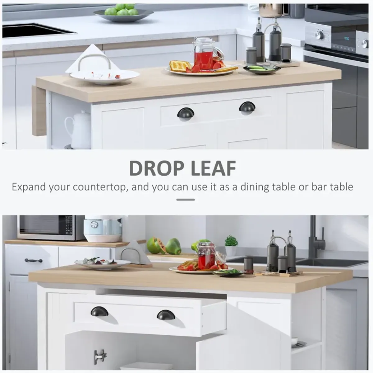 White Kitchen Helper: Freestanding Island Table with Drop Leaf