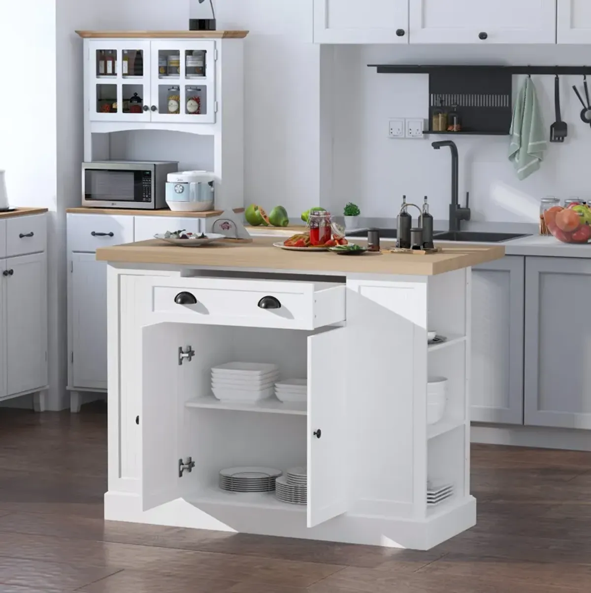 White Kitchen Helper: Freestanding Island Table with Drop Leaf