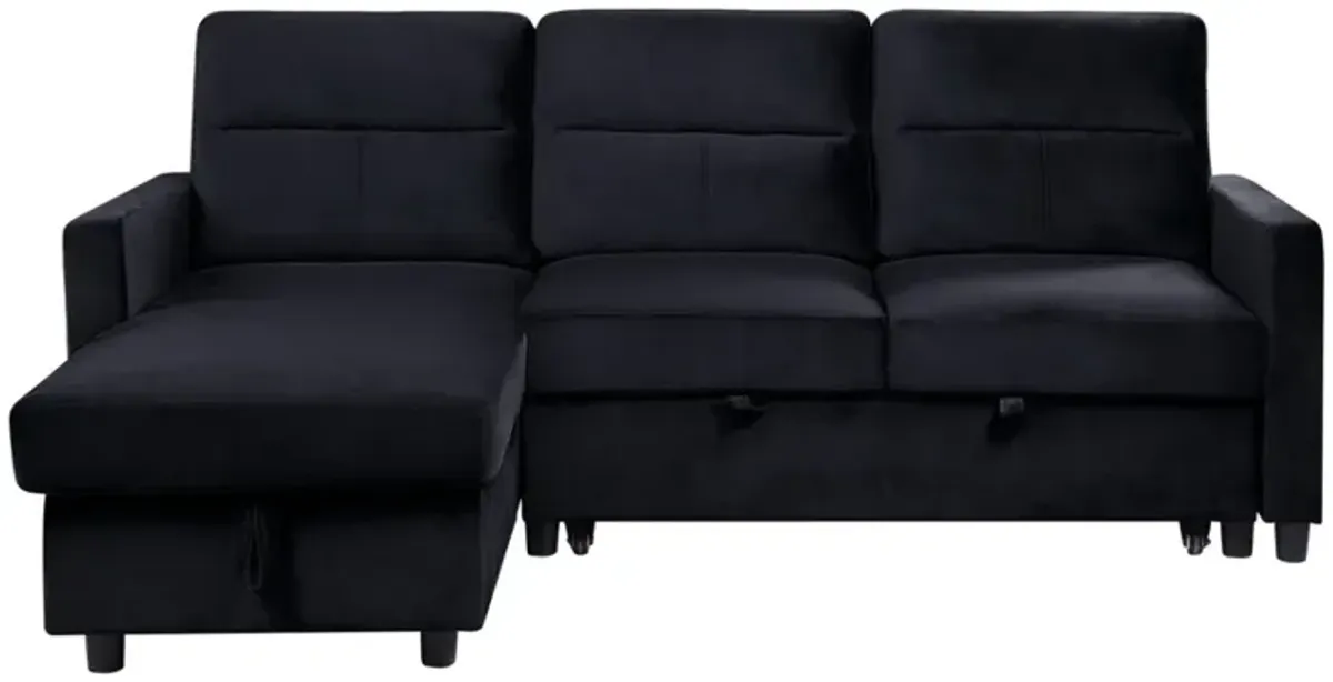 Ivy Black Velvet Reversible Sleeper Sectional Sofa With Storage Chaise And Side Pocket