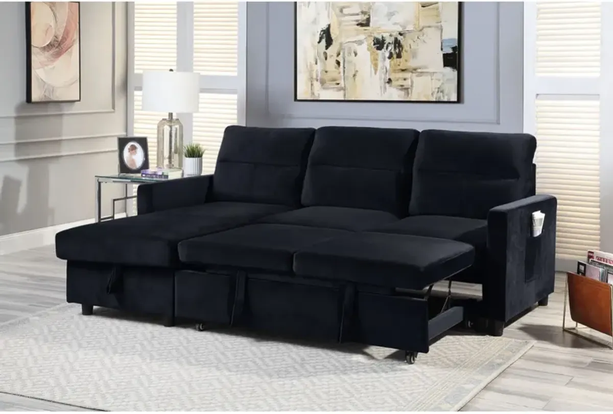 Ivy Black Velvet Reversible Sleeper Sectional Sofa With Storage Chaise And Side Pocket