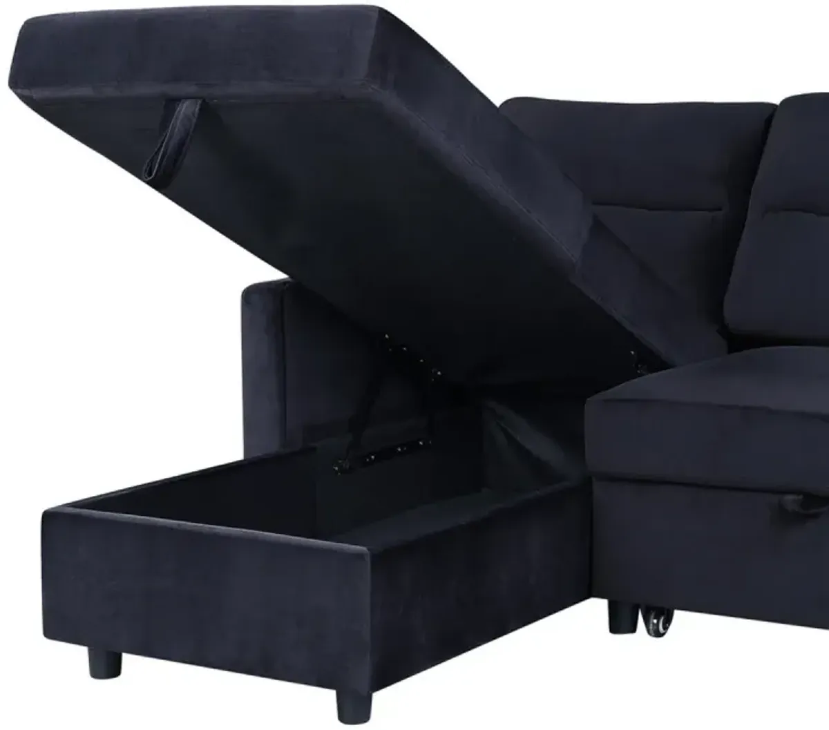 Ivy Black Velvet Reversible Sleeper Sectional Sofa With Storage Chaise And Side Pocket