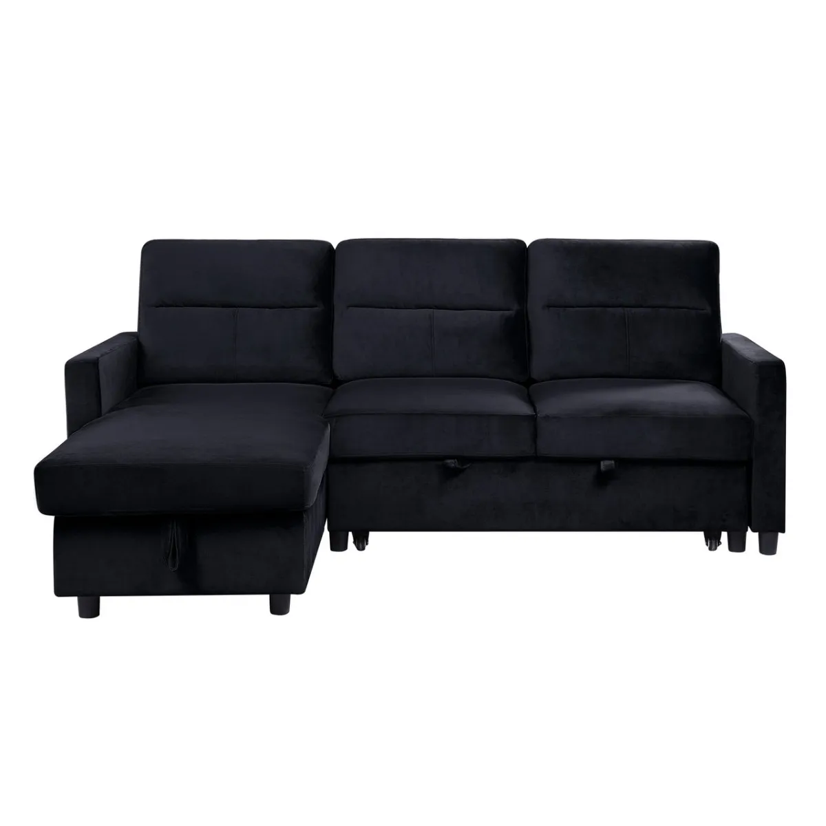 Ivy Black Velvet Reversible Sleeper Sectional Sofa With Storage Chaise And Side Pocket