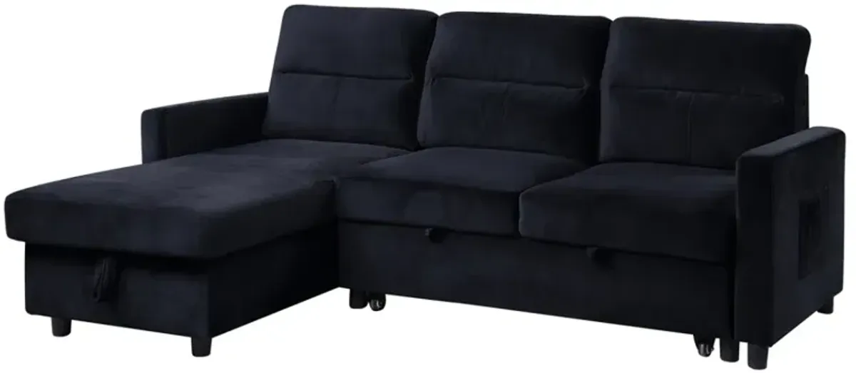 Ivy Black Velvet Reversible Sleeper Sectional Sofa With Storage Chaise And Side Pocket