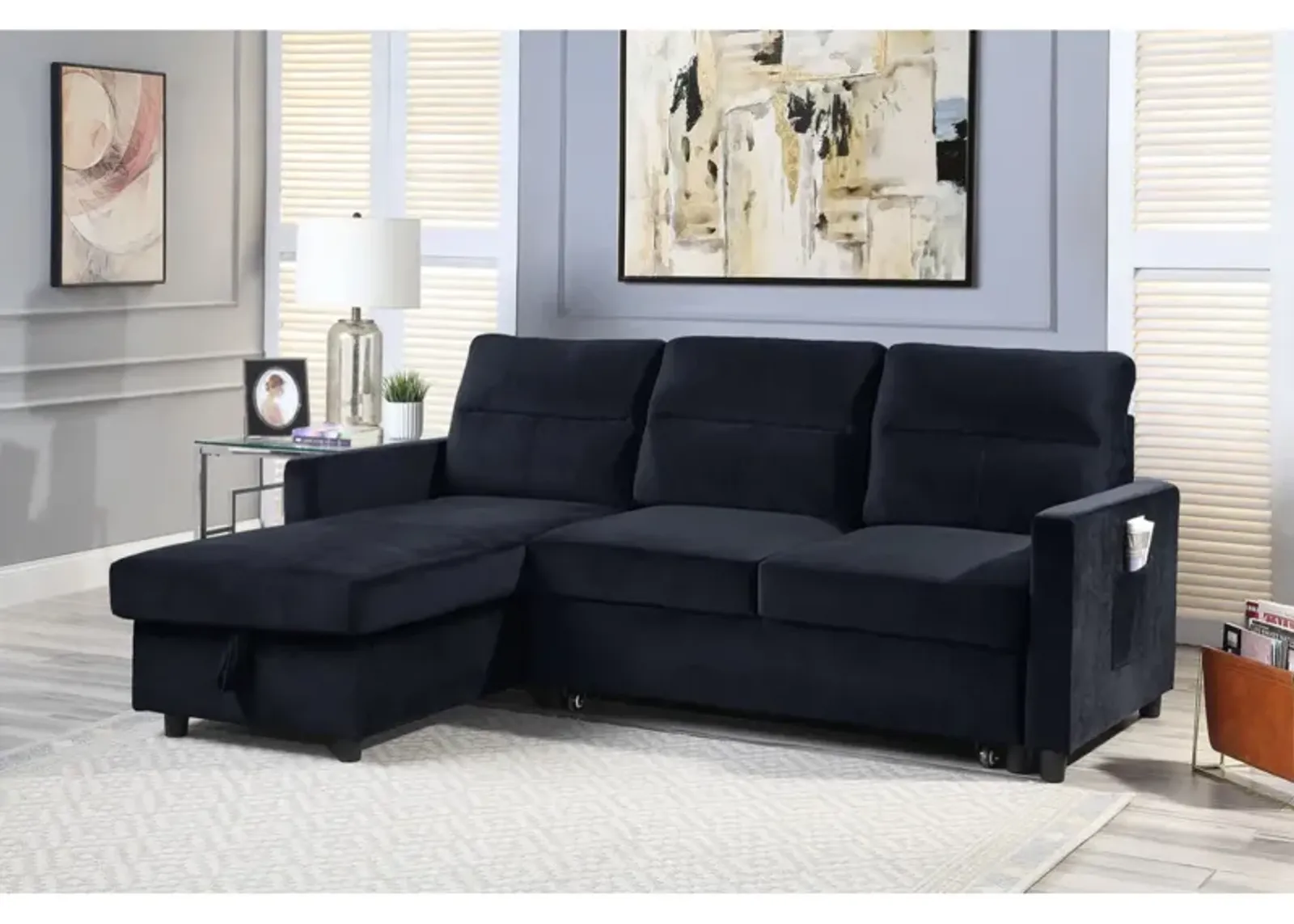 Ivy Black Velvet Reversible Sleeper Sectional Sofa With Storage Chaise And Side Pocket