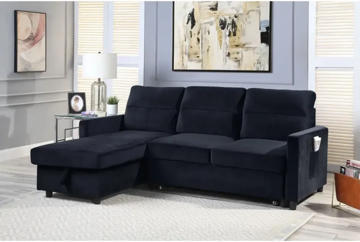 Ivy Black Velvet Reversible Sleeper Sectional Sofa With Storage Chaise And Side Pocket