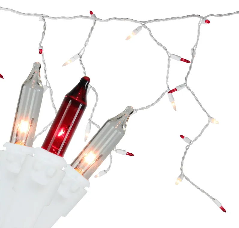 50 Red and Clear Mini Icicle Christmas Lights - 2.5 ft White Wire