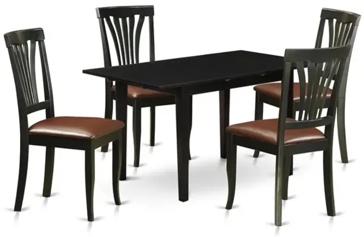 East West Furniture NOAV5-BLK-LC 5-Pc Dining Room Table Set 4 Wooden Dining Chairs with Slatted Back and a Faux Leather Seat and Mid Century Butterfly Leaf Dining Table with Rectangular Top and 4 Legs