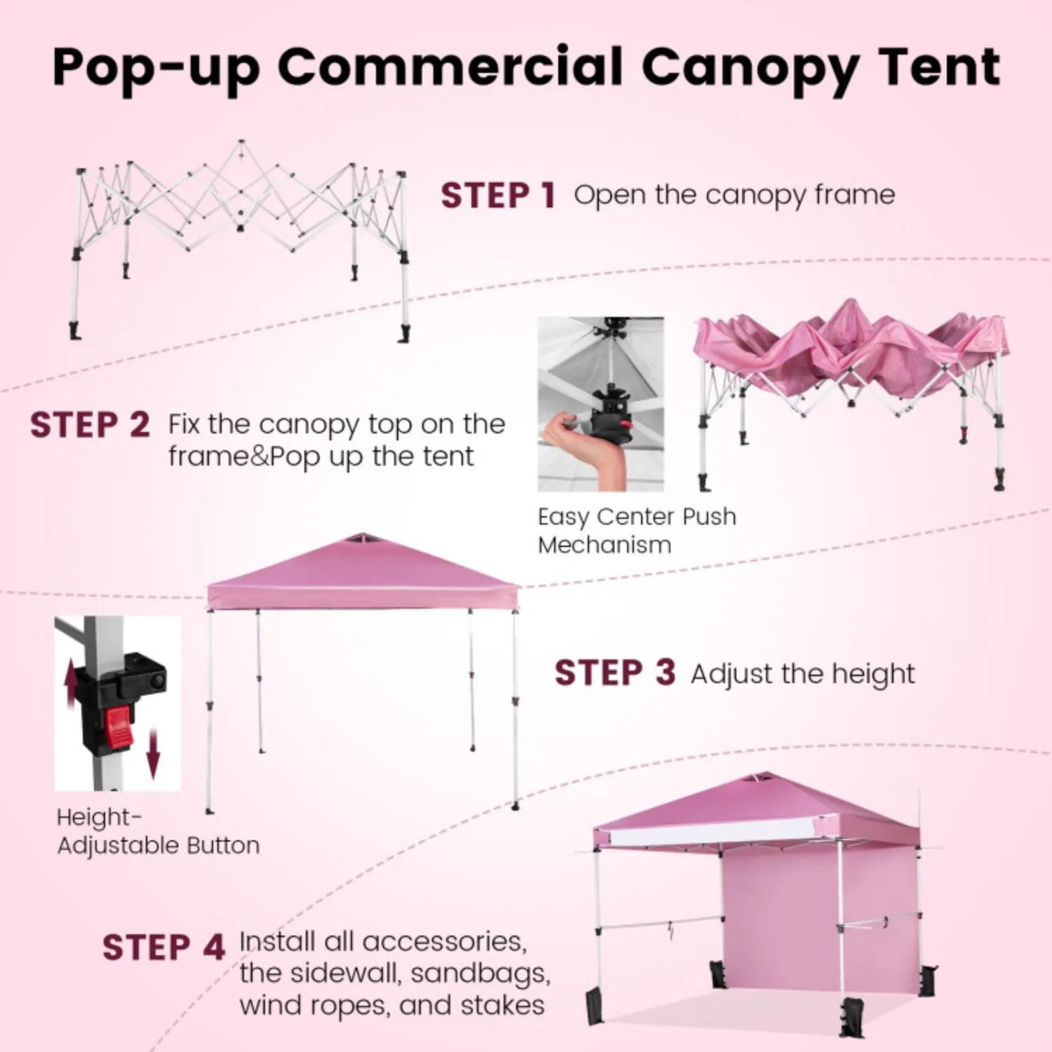 Foldable Commercial Pop-up Canopy with Roller Bag and Banner Strip