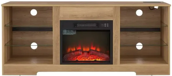 Mondawe Modern Fireplace Glass Frame TV Station, TV Entertainment Console With USB Charging Socket