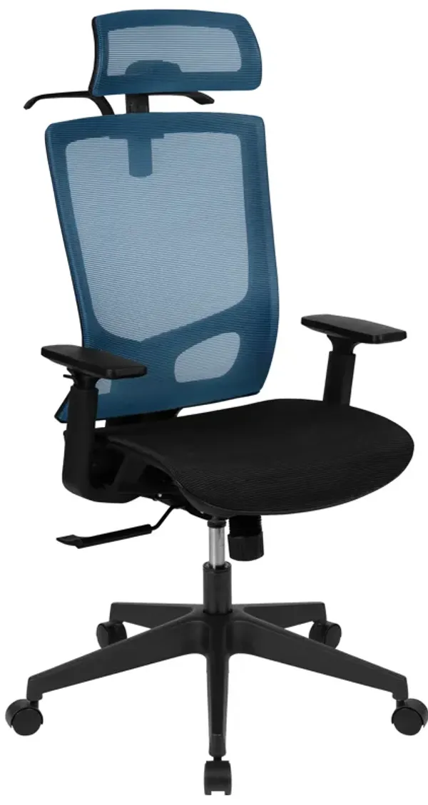 Layla Ergonomic Mesh Office Chair with Synchro-Tilt, Pivot Adjustable Headrest, Lumbar Support, Coat Hanger and Adjustable Arms in Black