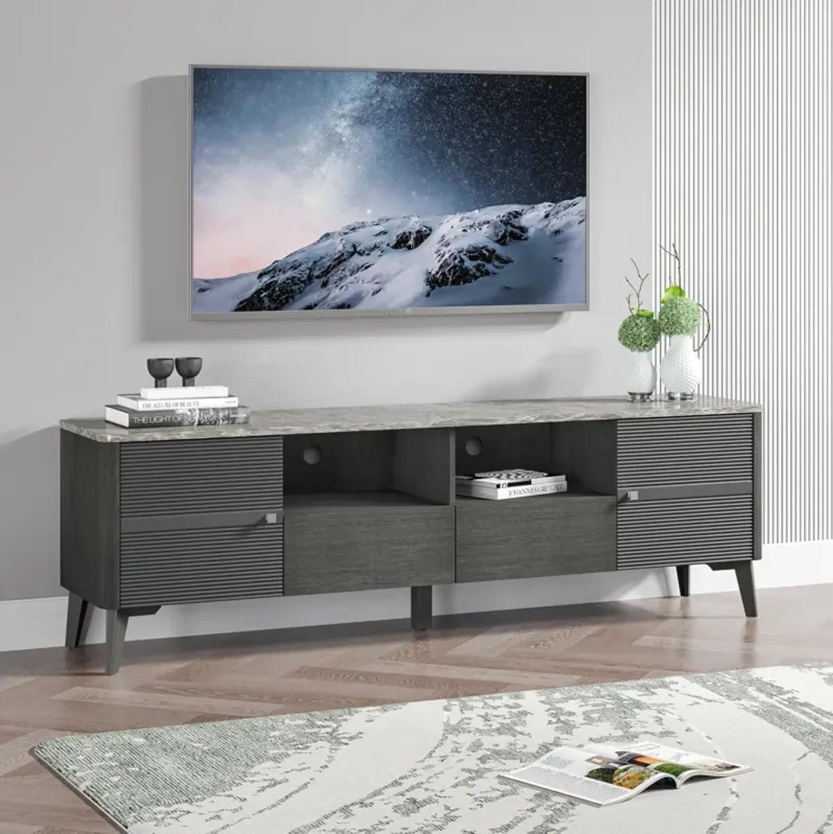 FESTIVO Stylish 70-Inch TV Stand with Marble-Printed Top