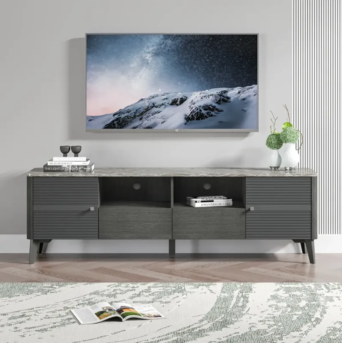 FESTIVO Stylish 70-Inch TV Stand with Marble-Printed Top