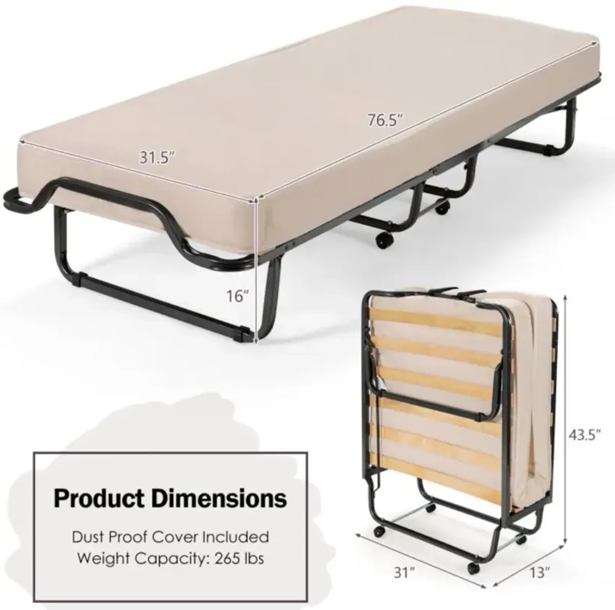 Hivvago Rollaway Folding Bed with Memory Foam Mattress and Dust-Proof Bag Made in Italy