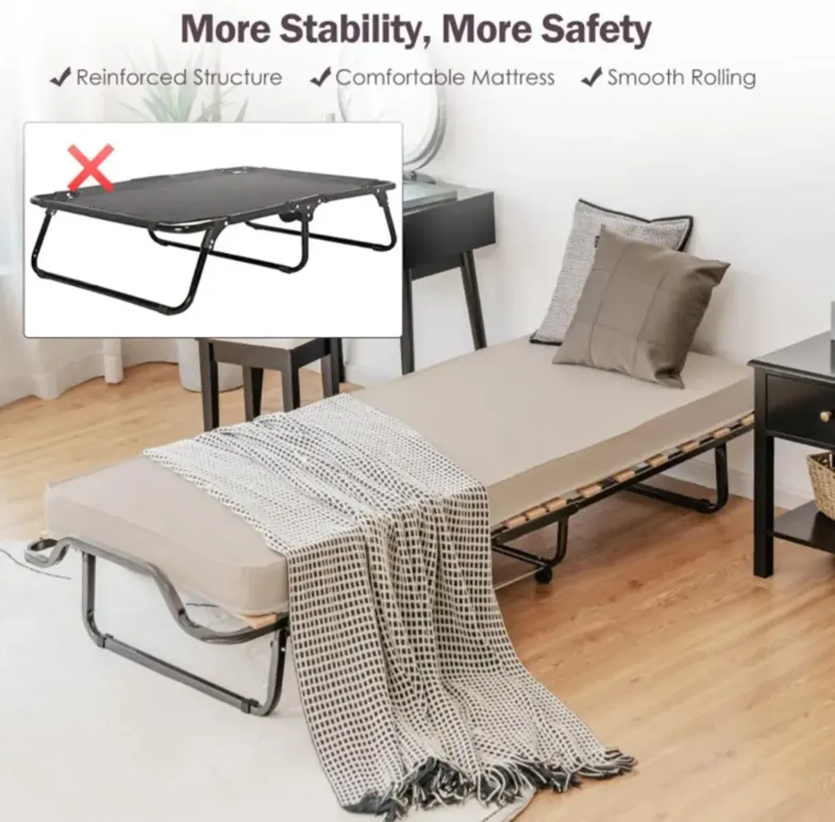 Hivvago Rollaway Folding Bed with Memory Foam Mattress and Dust-Proof Bag Made in Italy