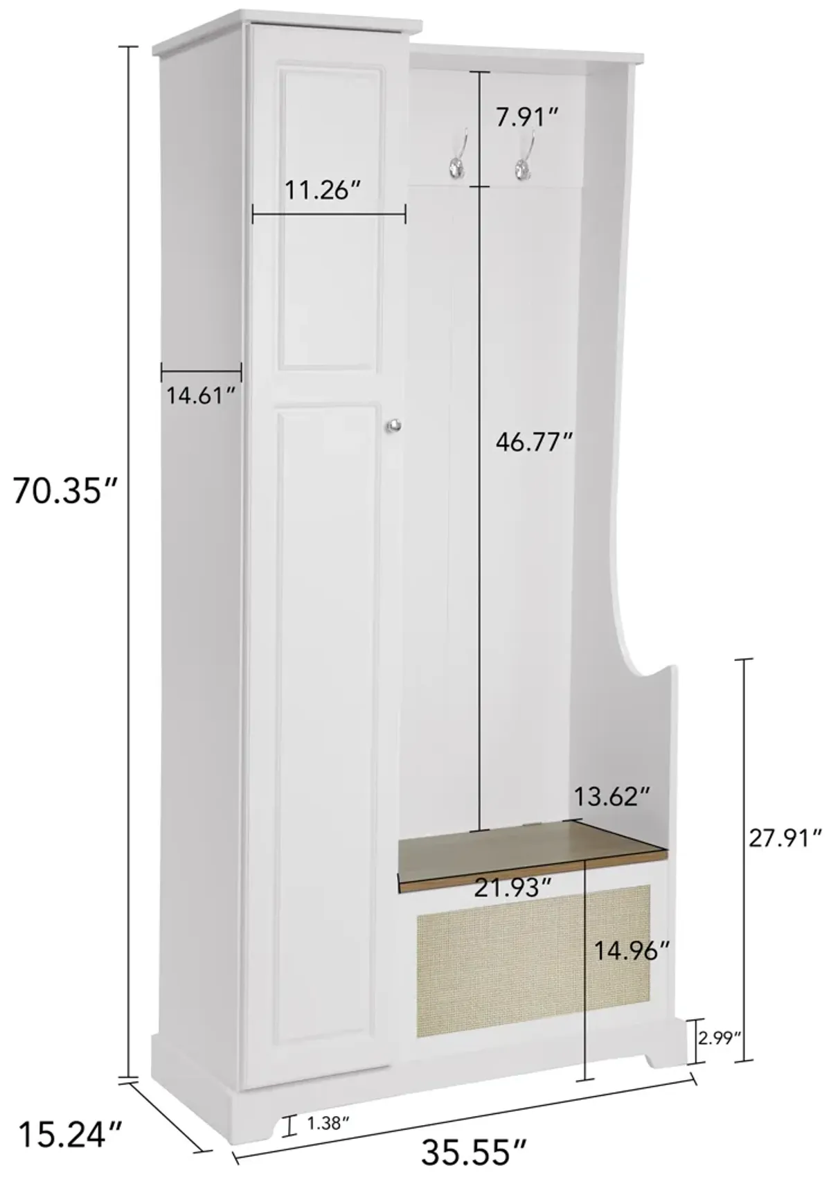 Rattan Hall Tree with Bench and Shoe Cabinet Multifunctional Flip-Up Storage Bench and Coat Rack for Entryway Wood Tall Hallway Organizer Storage Cabinet with Adjustable Shelves, White