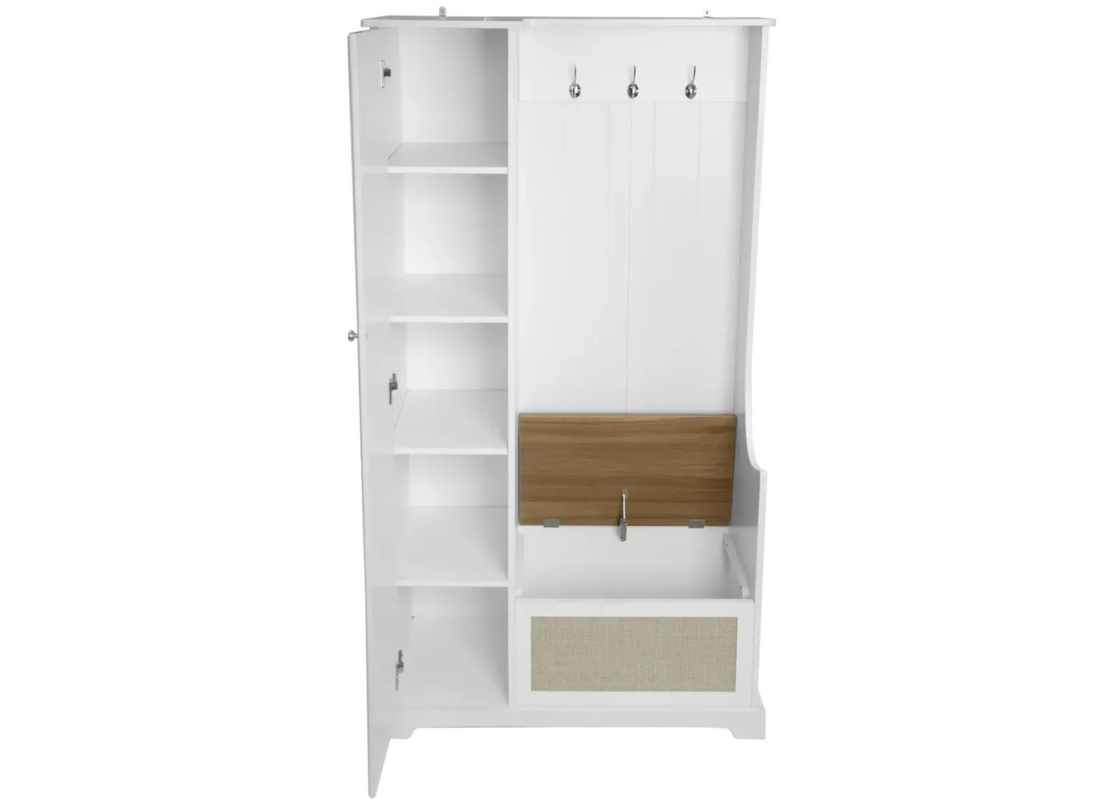 Rattan Hall Tree with Bench and Shoe Cabinet Multifunctional Flip-Up Storage Bench and Coat Rack for Entryway Wood Tall Hallway Organizer Storage Cabinet with Adjustable Shelves, White