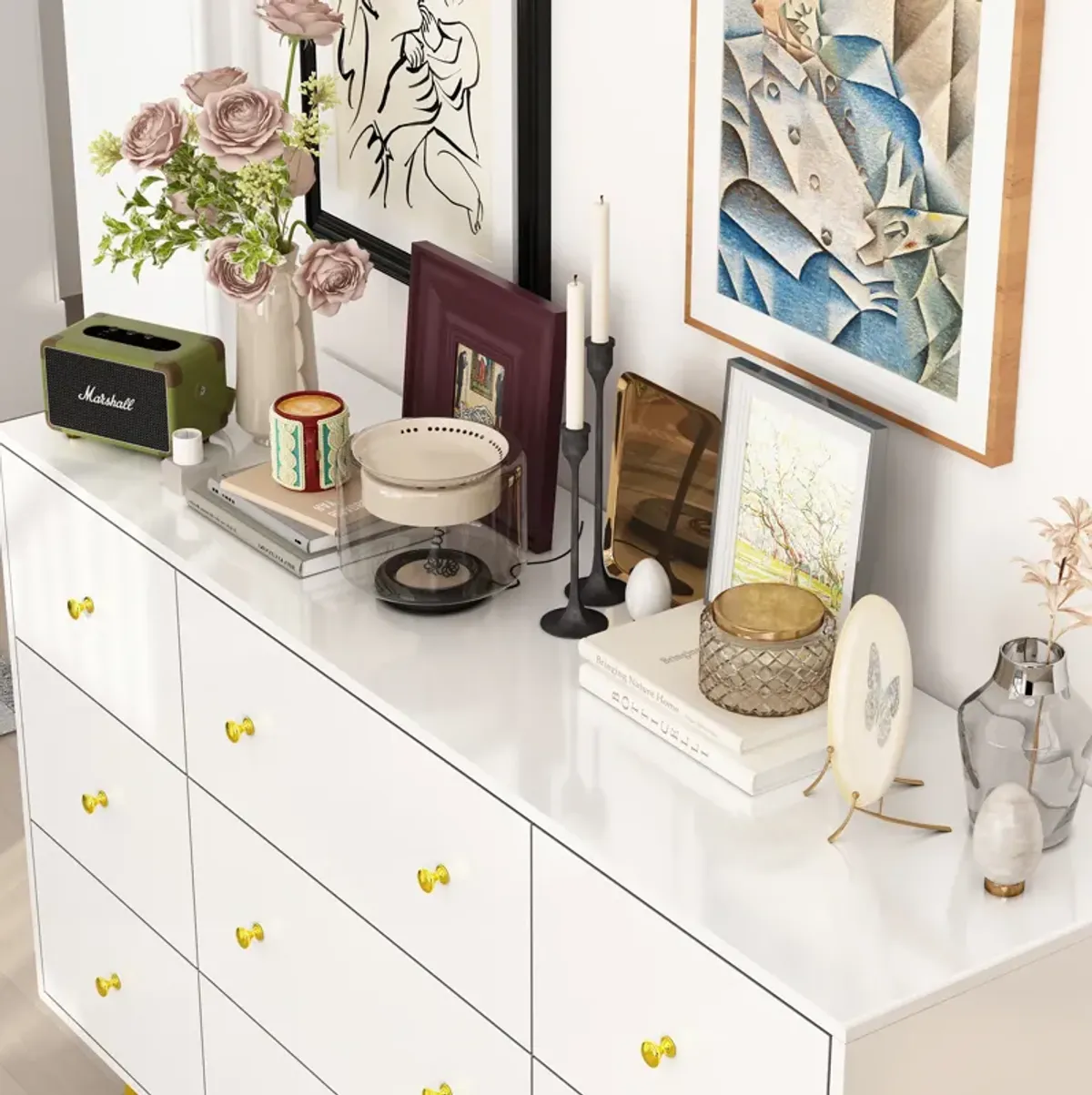 White Mirror Finished Wooden 9-Drawer 55.1 in Width, Chest of Drawers, Dresser, Modern European Style