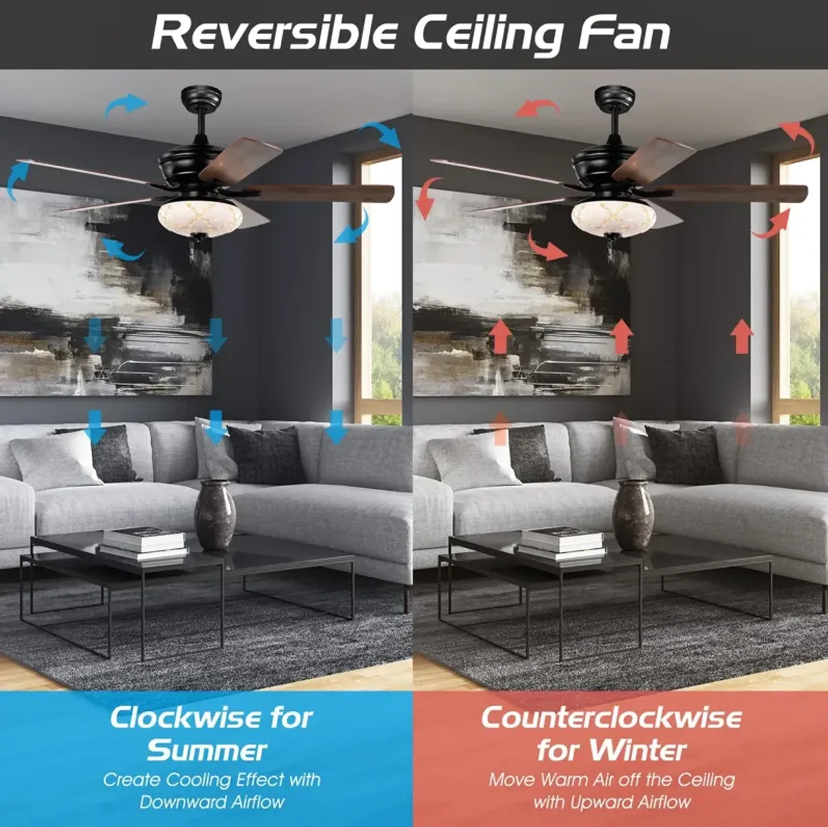 52 Inch Ceiling Fan with 3 Wind Speeds and 5 Reversible Blades-Black