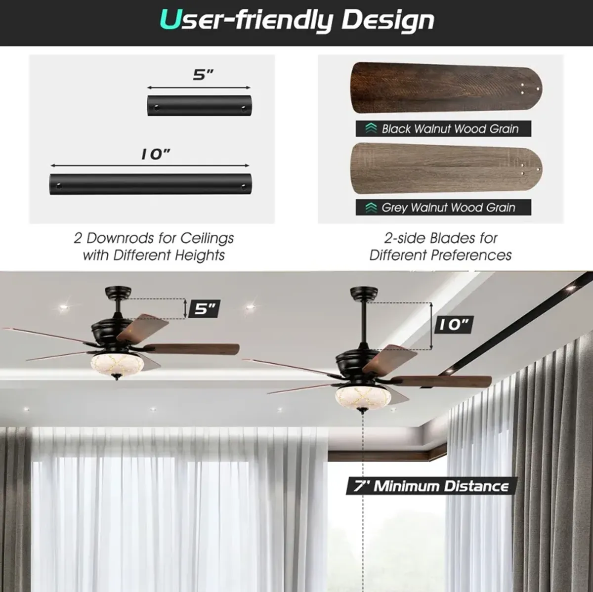 52 Inch Ceiling Fan with 3 Wind Speeds and 5 Reversible Blades-Black