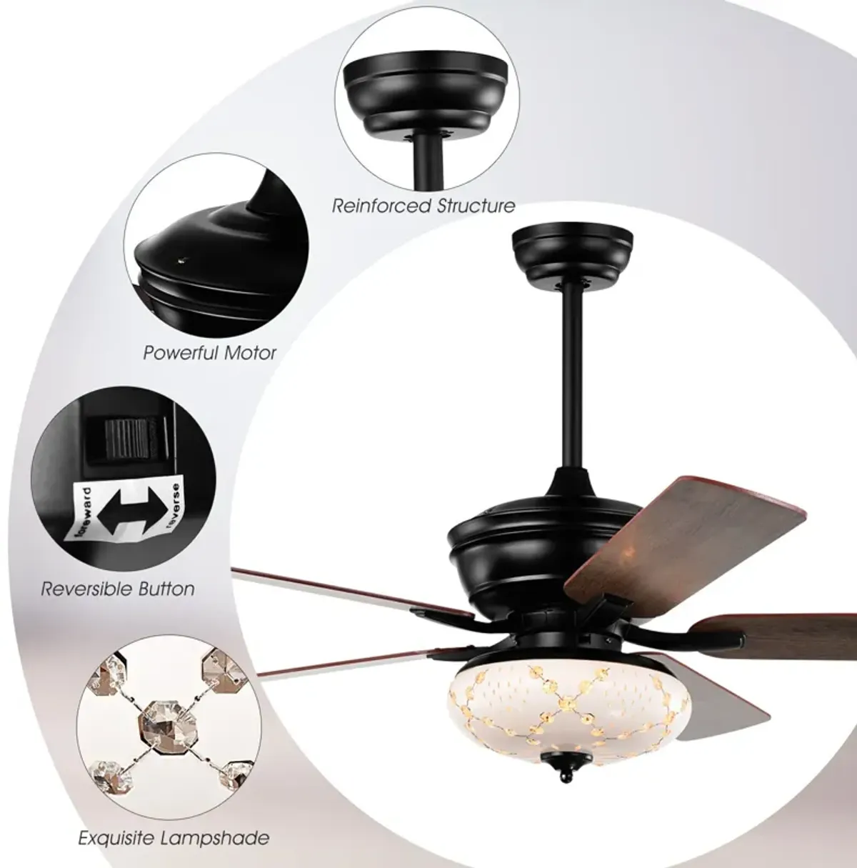 52 Inch Ceiling Fan with 3 Wind Speeds and 5 Reversible Blades-Black