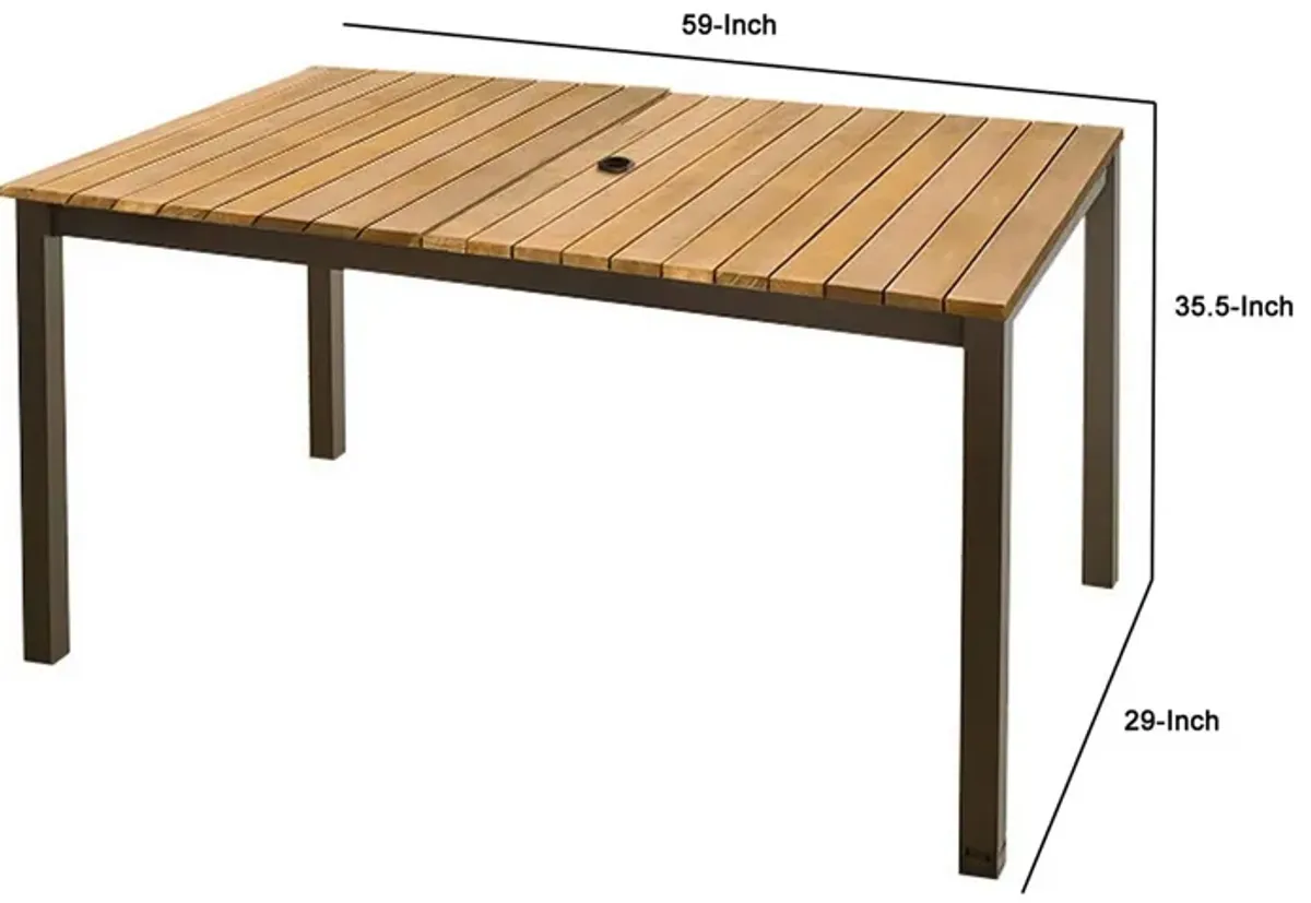 Ankia 59 Inch Outdoor Patio Dining Table, Slatted Top, Aluminium, Brown - Benzara