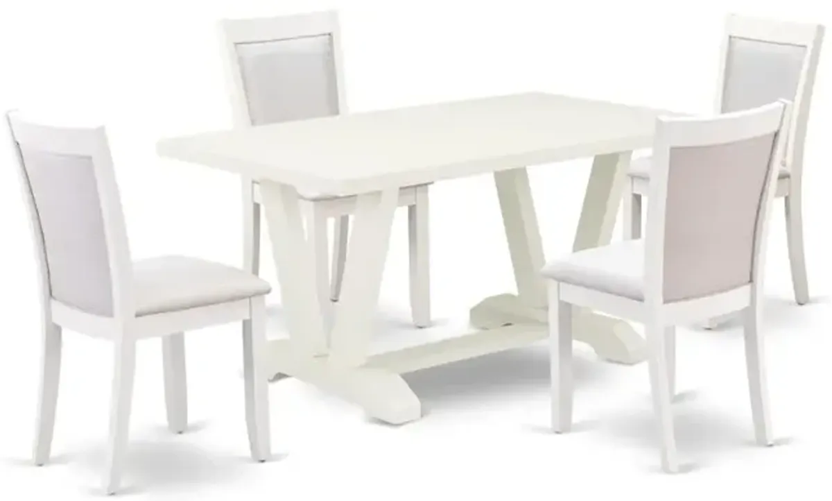 V026MZ001-5 5-Piece Table Set Contains a Rectangular Table and 4 Cream Parson Dining Chairs - Wire Brushed Linen White Finish
