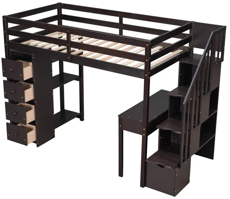 Twin Size Loft Bed With Storage Drawers, Desk And Stairs, Wooden Loft Bed With Shelves