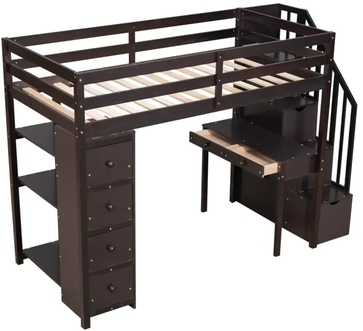 Twin Size Loft Bed With Storage Drawers, Desk And Stairs, Wooden Loft Bed With Shelves